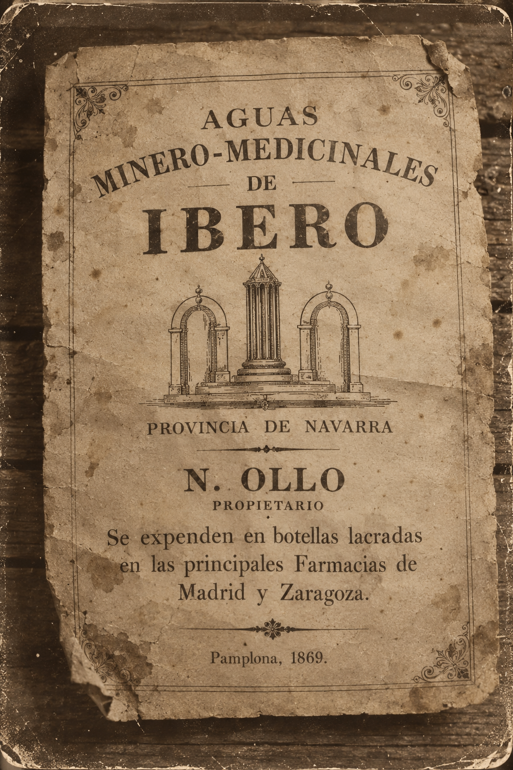 Artistic reconstruction of an 1869 printed notice for the mineral-medicinal waters of Ibero signed N. Ollo