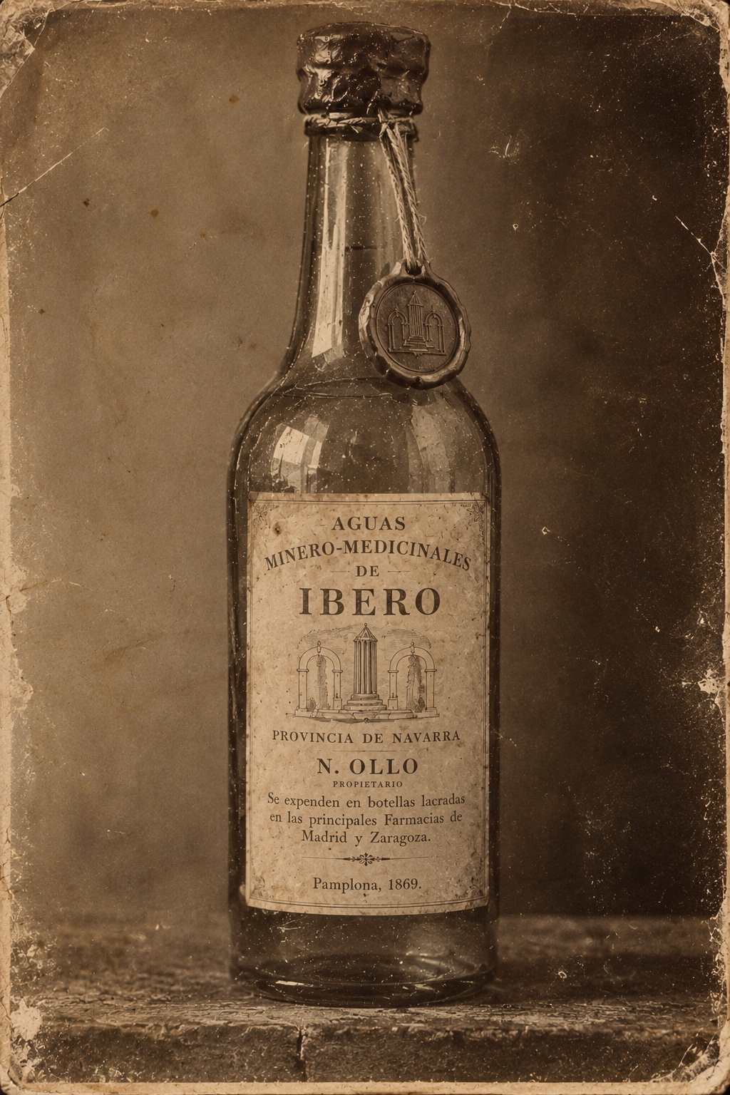 Artistic reconstruction of a wax-sealed 1869 Ibero mineral water bottle