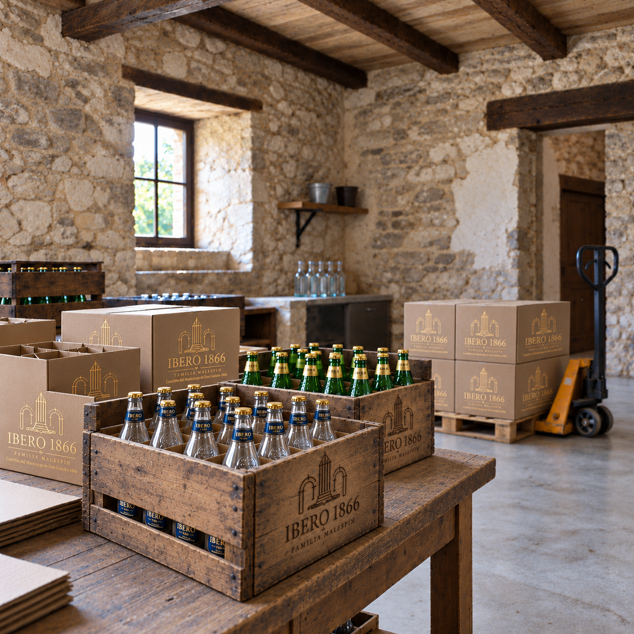 IBERO 1866 Still and Sparkling bottles in wooden crates, with branded packaging in a stone room